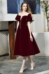 Puff Sleeve Ankle Length Velvet Daily Casual Dress Deep V-Neck Vintage Party Dress